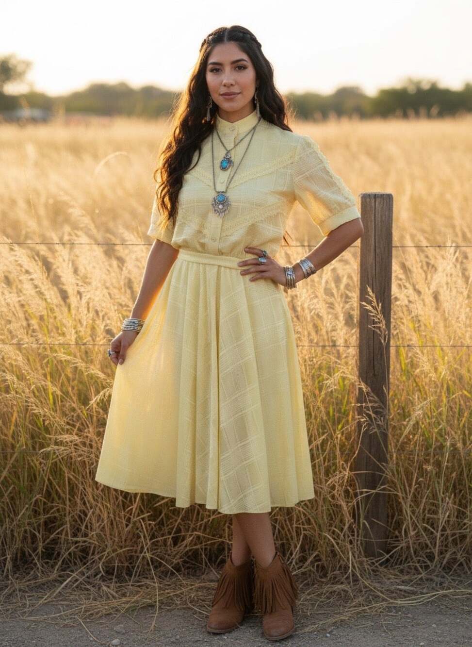 Vintage Late 70s Lace Bodice Yellow Dress